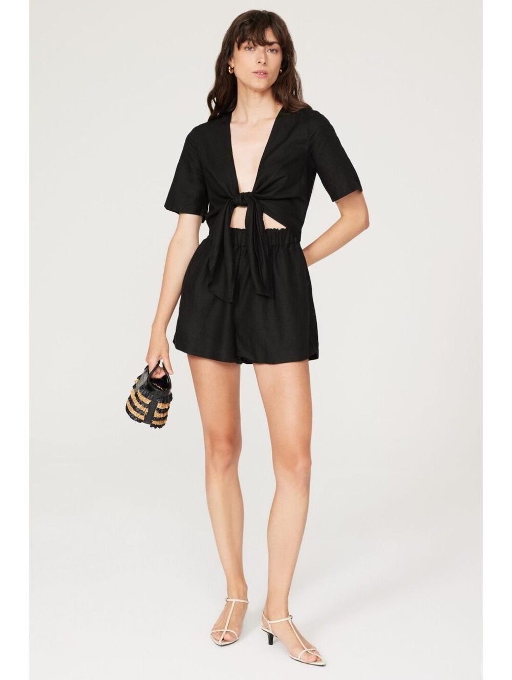 Thakoon Collective Black Linen Rayon Tie-Front Romper Size 2